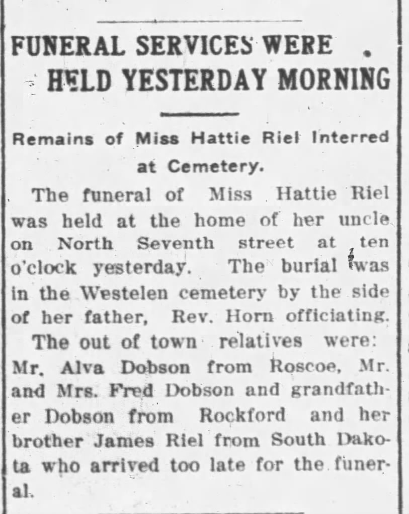 Funeral Announcement for Hattie Riel