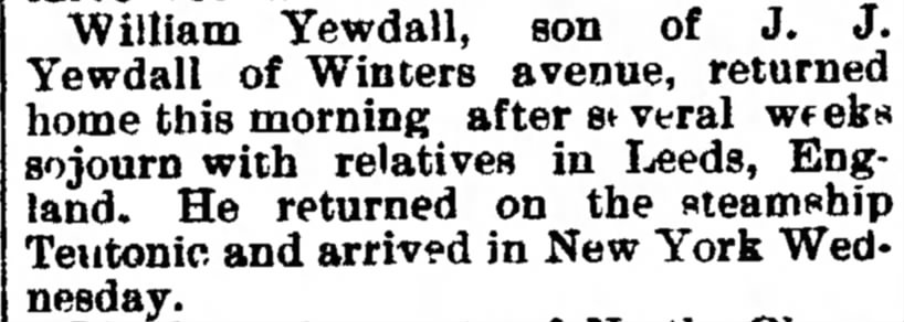 William Yewdall returns from England