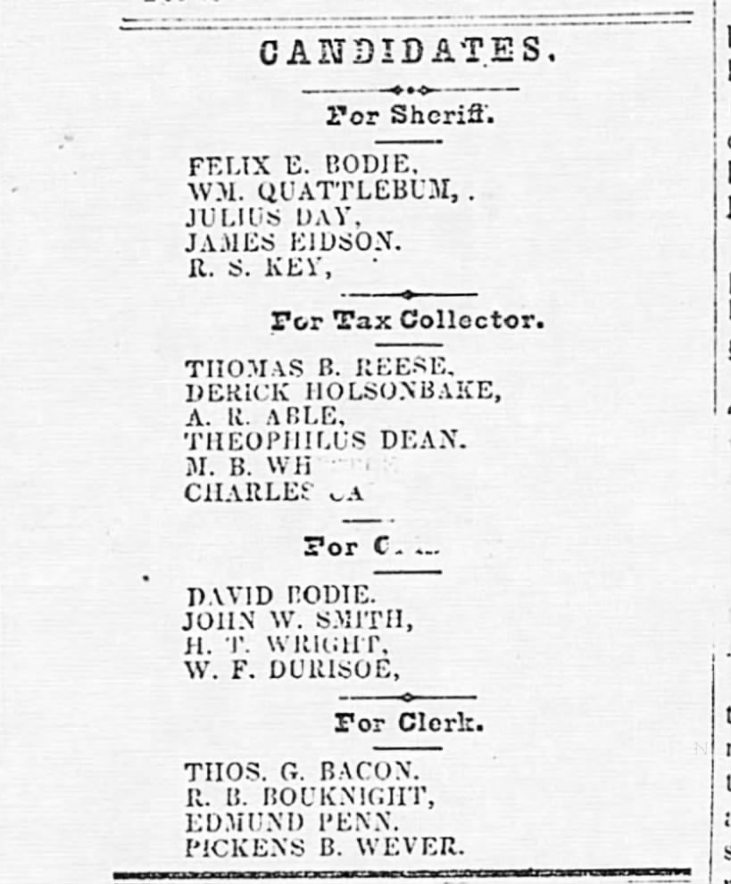 Felix E Bodie 7/23/1853
Edgefield Advertiser