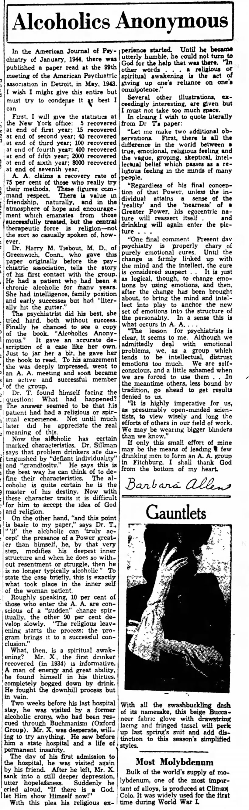Article about AA Fitchburg Sentinel (Fitchburg, Massachusetts) 10 Feb 1945