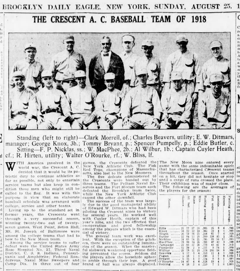 Felix P Nicklas - Crescent Athletic Club Baseball Team 1918