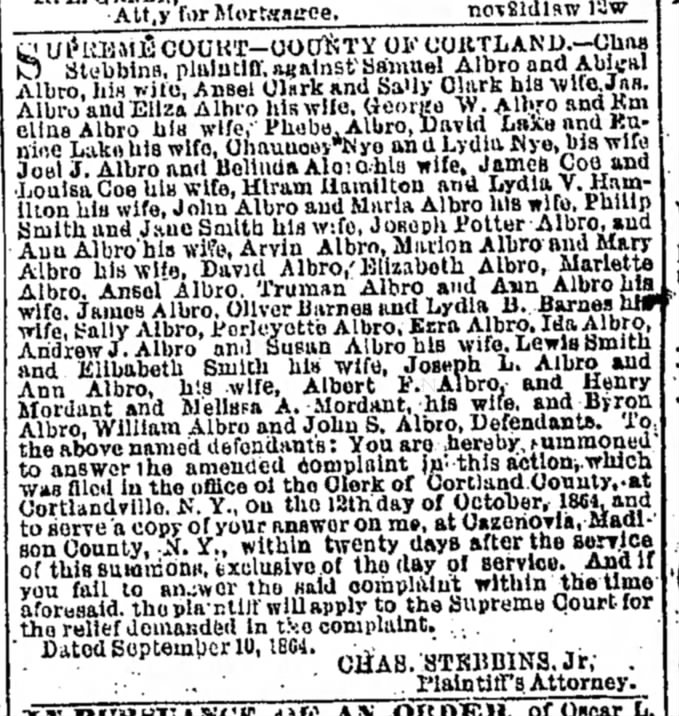 1864 Albro Family Supreme Court Summons in Syracuse Daily and Union on January 19, 1865