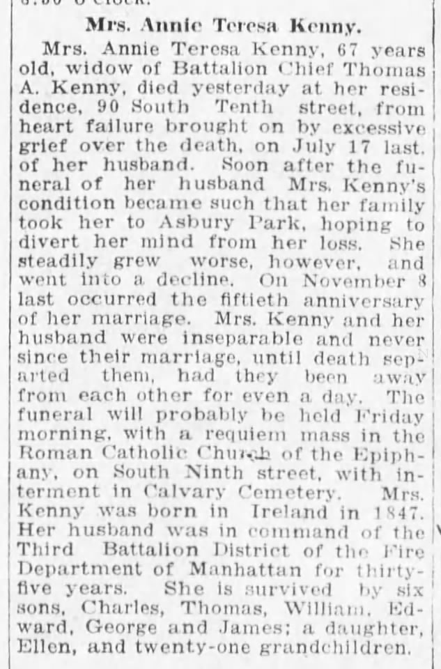 Obituary for Annie T Kenny in Brooklyn Daily Eagle 25 NOV 1914