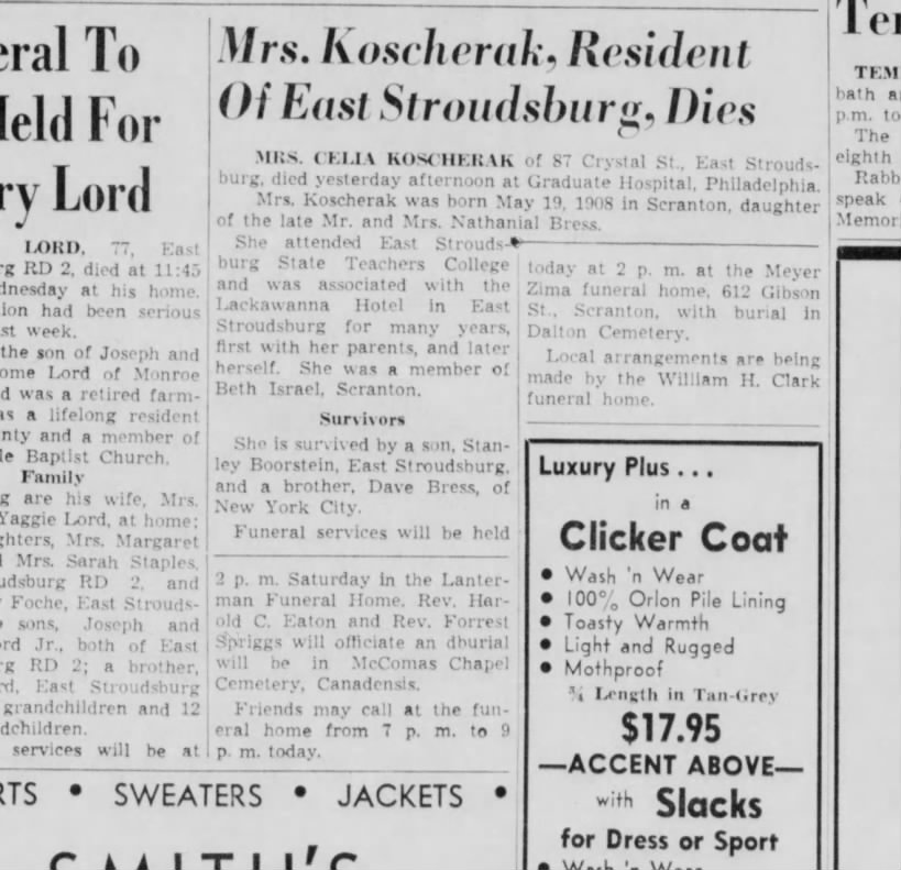 Pocono Record. October 23 1959. Stanley's Mother's Obit