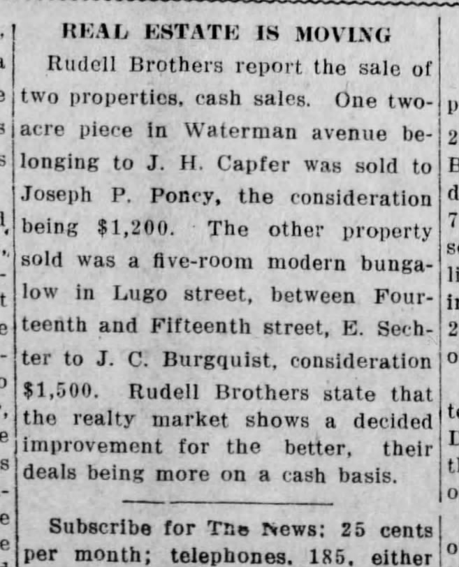 21 June 1916 p8 San Bernardino News  Purchase of Waterman Ave property