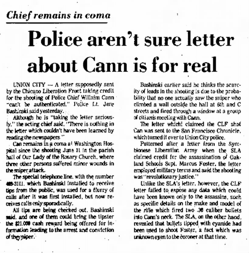 Chief remains in coma; Police aren't sure letter about Cann is for real
