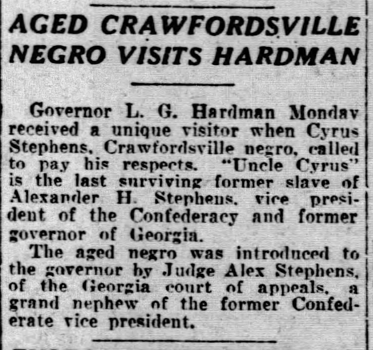 Aged Crawfordsville Negro Visits Hardman