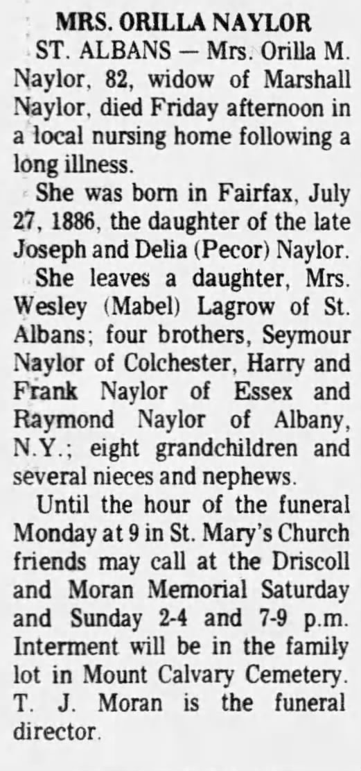 orilla naylor obituary 1968