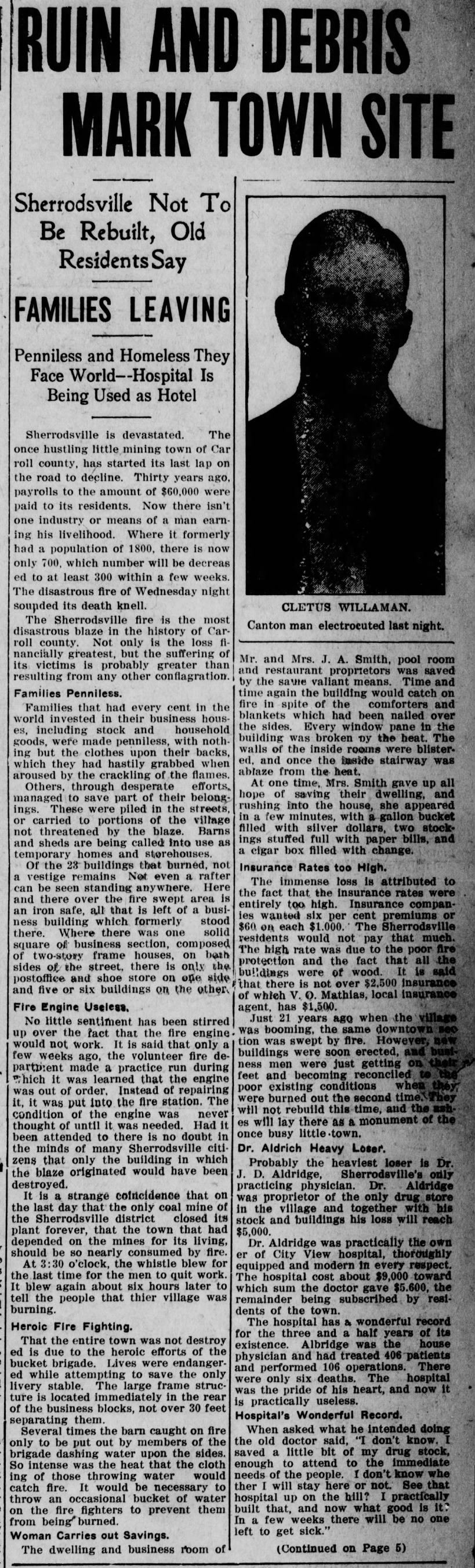 Sherrodsville, Ohio Fire.  Contiubed story Jul 28, 1911