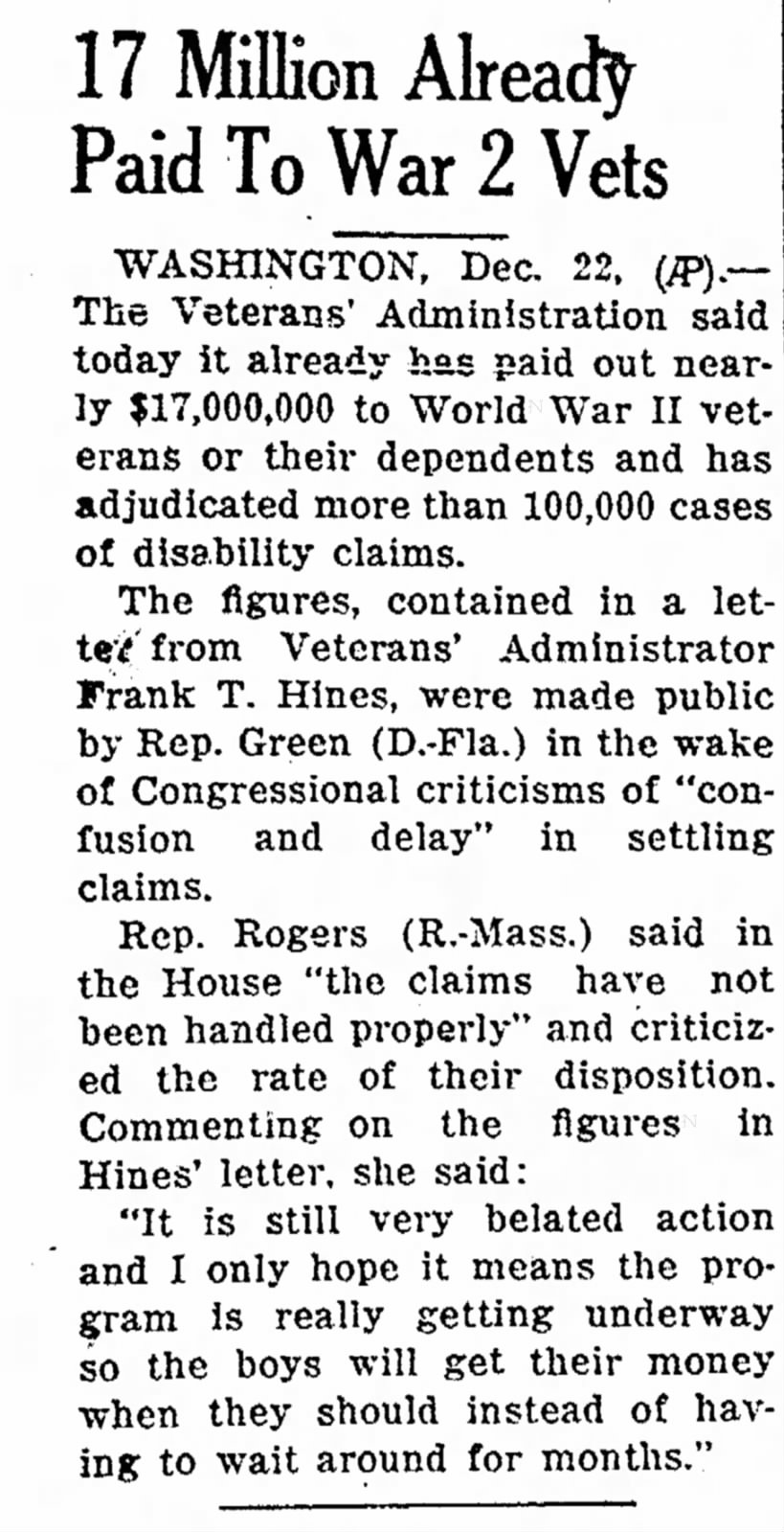 17 Million Already Paid to War 2 Vets 12/22/1943 The Daily Mail (Hagerstown, MD)