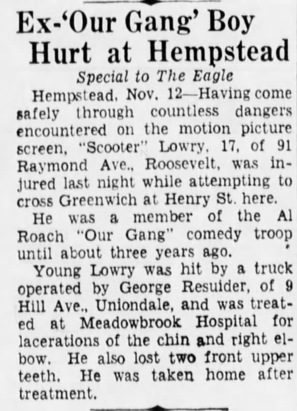 SCOOTER LOWRY hit by car BrooklynDailyEagle12Nov1937