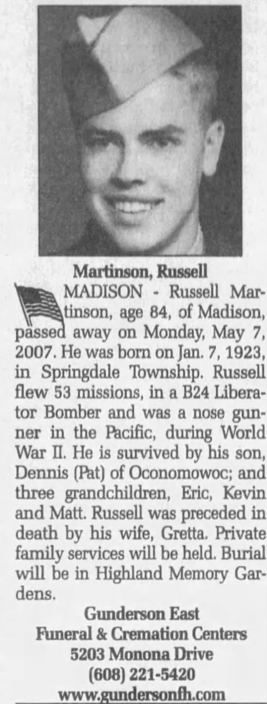 Obituary for Russell Martinson, 1923-2007 (Aged 84)