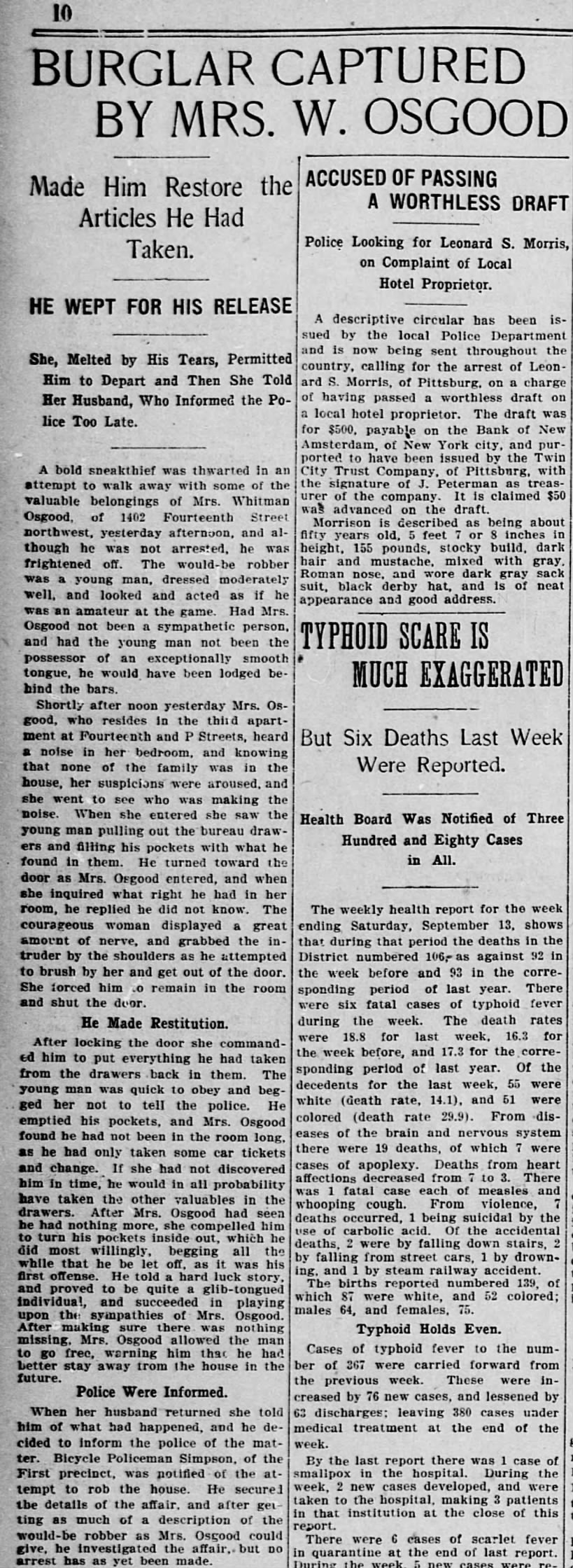 Mrs. CW Osgood thwarts burglary. 18 Sep 1902, p. 10, The Washington Times