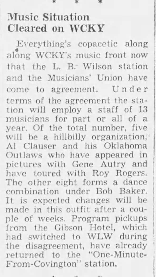 WCKY OK with musicians' union after hiring Al Clauser & his Oklahoma Outlaws, Bob Baker dance combo