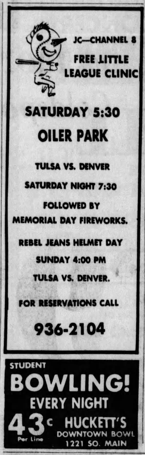 Tulsa Oilers free little league clinic, baseball, fireworks; Huckett's Downtown Bowl