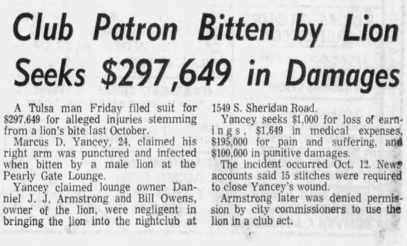 19770122 Pearly Gate Lounge sued for a lion biting a customer on the arm.