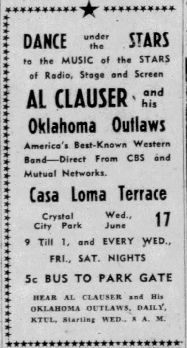 Al Clauser and his Oklahoma Outlaws at Crystal City Park, Casa Loma Terrace