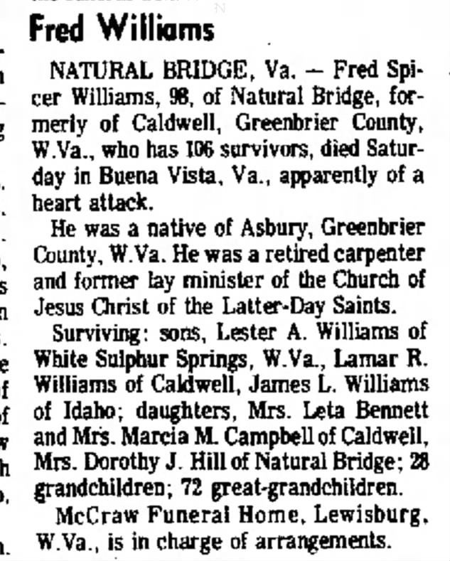 The Charleston Daily Mail (Charleston, West Virginia) 15 March 1976 Freddie Spicer Williams Obit