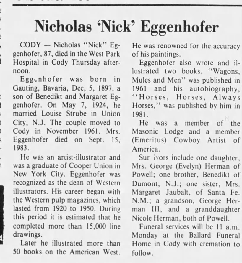 Eggenhofer obit Casper Star Tribune WY 09 March 1985