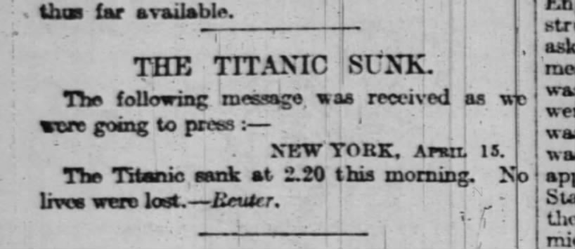 Newspaper: Titanic Sunk, no lives lost!