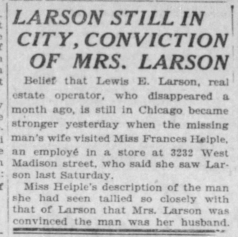 Mrs. Larson believes husband is still in city.