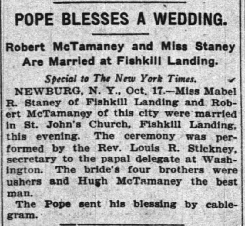 Robert McT and Mabel Straney wedding blessed by Pope