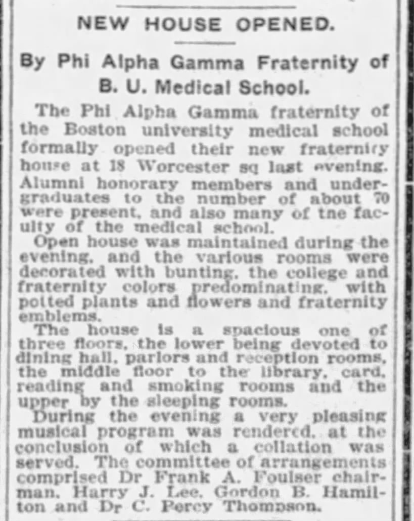 New House Opened by Phi Alpha Gamma Fraternity of B.U. Medical School
