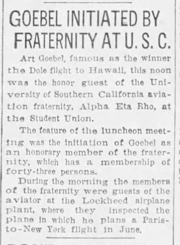 Goebel Initiated by Fraternity at U.S.C.