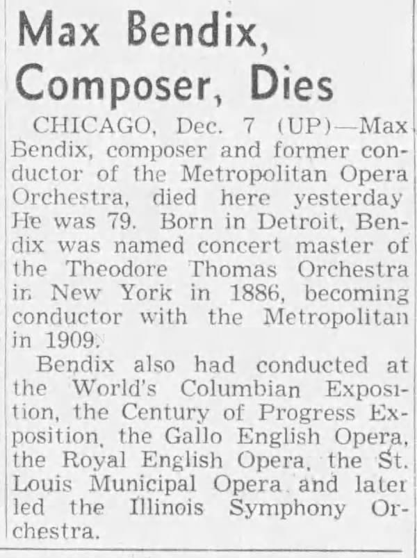 Max Bendix, Composer, Dies