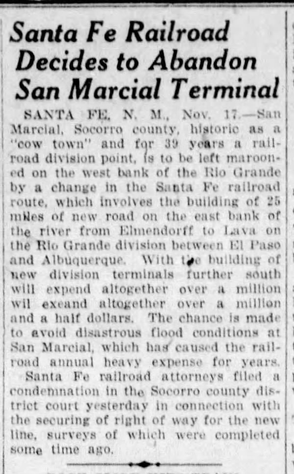 SF RR Decides to Abandon S Marcial Terminal. 18 Nov 1920. El Paso Times.