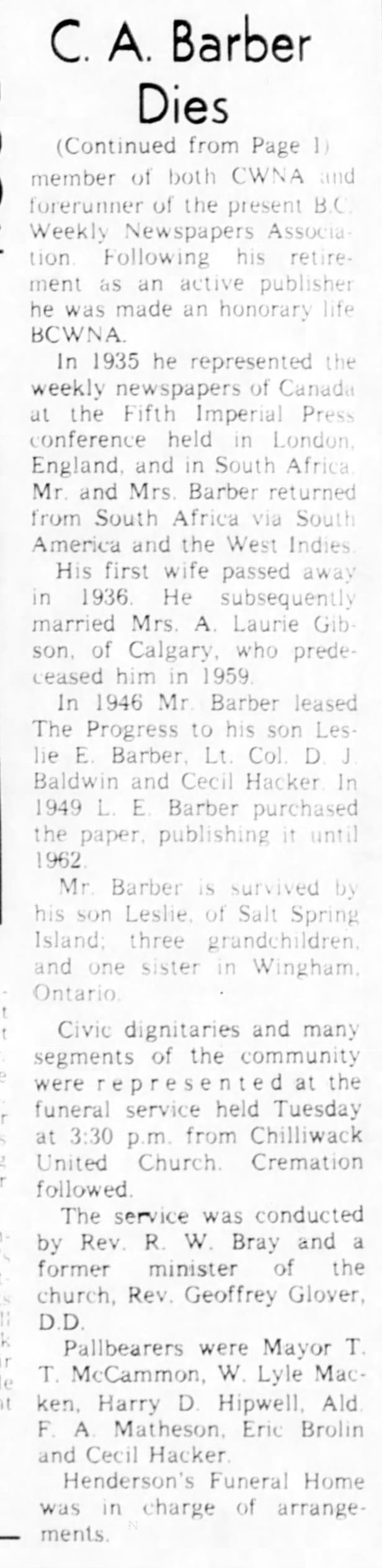 Charles Death Article con'd on Page 12.  The Chilliwack Progress.  16 Dec 1964