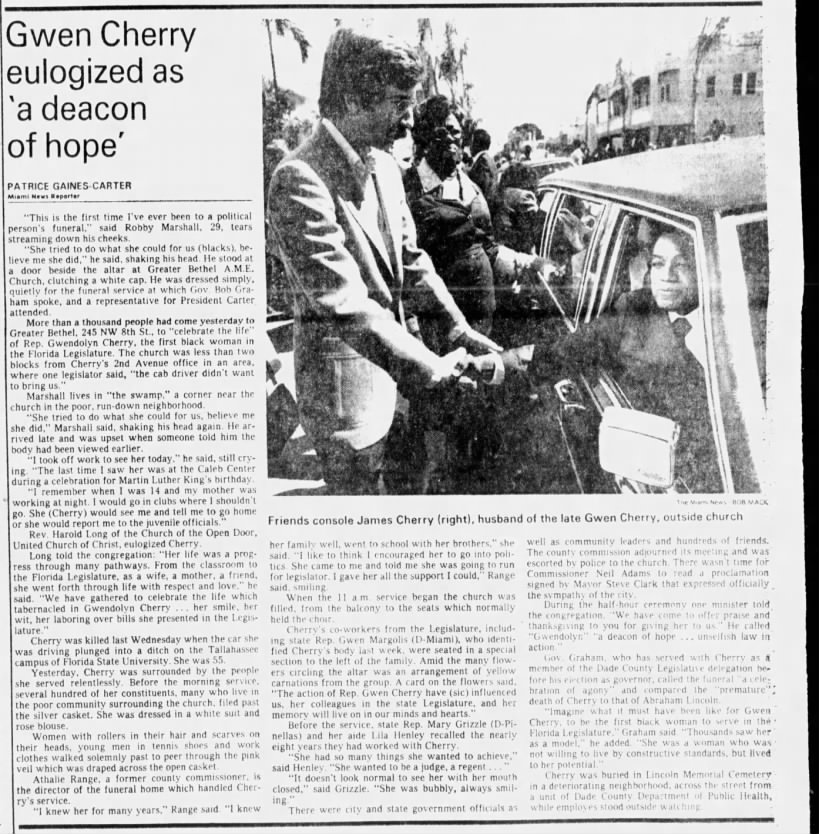 James Cherry's wife, Gwen Cherry's Obit and article about her funeral, family and career