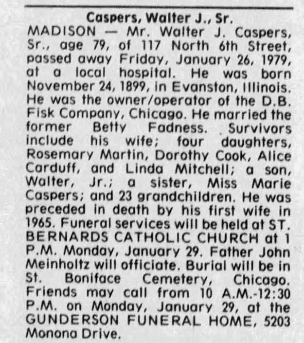 Obituary for Walter J. Caspers, 1899-1979 (Aged 79)