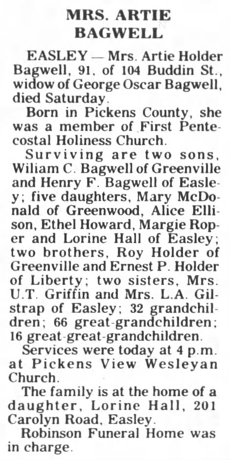 The Index-Journal Greenwood SC 9/15/1980
Artie Holder Bagwell Obit