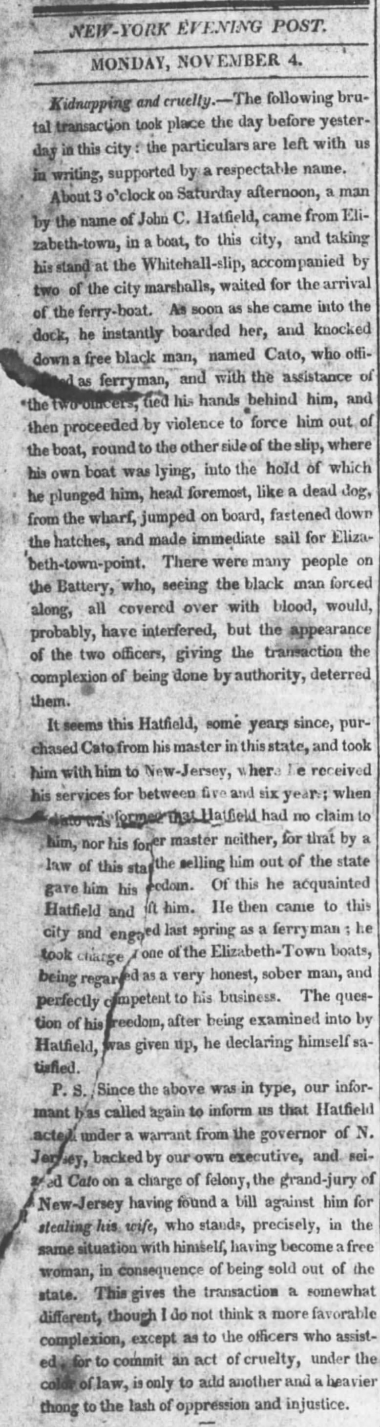 Nov 4 1816, NY Evening Post
John C Hatfield and slave Cato
