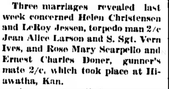 Three Marriages at Hiawatha, Kansas - Council Bluffs Nonpareil - 15 Oct 1944, page 8