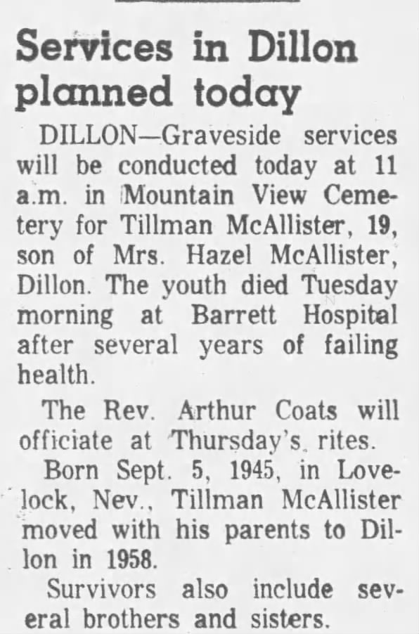 Tillman McAllister obituary 26 Aug 1965