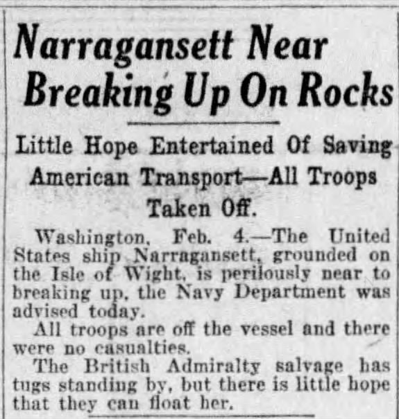 Narragansett U.S. Troop Transport ship wrecked on Bembridge Ledge, England