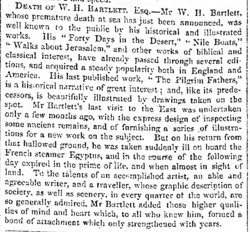 Death of William Henry Bartlett (26 March 1809 – 13 September 1854)