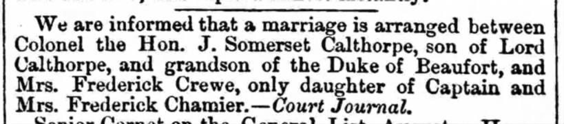 Somerset Gough-Calthorpe, 7th Baron Calthorpe, marriage notice to Eliza Maria Chamier