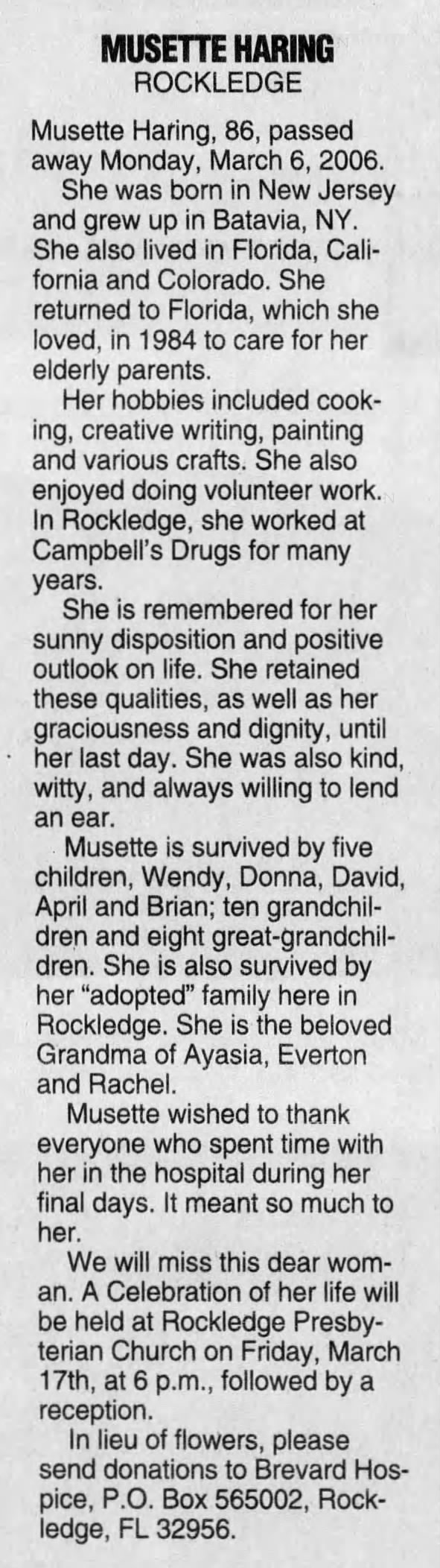 Musette Haring - Florida Today - Cocoa, Florida - Sunday, March 12, 2006 - Page 8B - Column 3