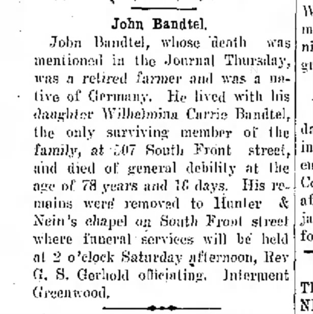 John Bandtel Obit.,The Journal News, Hamilton, OH  Jan.16,1941 Thurs. p.5