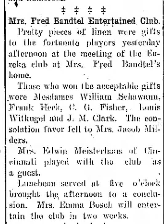Mrs. Fred Bandtel, The Journal News, Hamilton, OH Sept. 27, 1912, p.3