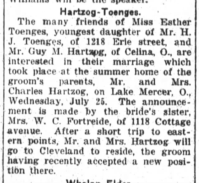 Hartzog-Toenges, Fort Wayne Daily News, Fri., July 27, 1917, p.8