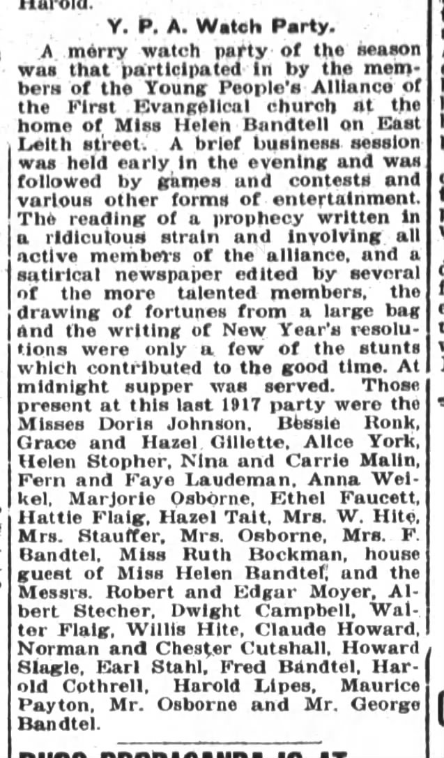 Helen Bandtel, The Ft.Wayne Sentinel, Thurs. Jan.3, 1918 p.8