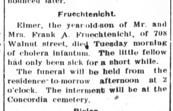 Elmer Fruechtenicht Obit., The Fort Wayne Journal-Gazette, Wed. July 30, 1902, p.2