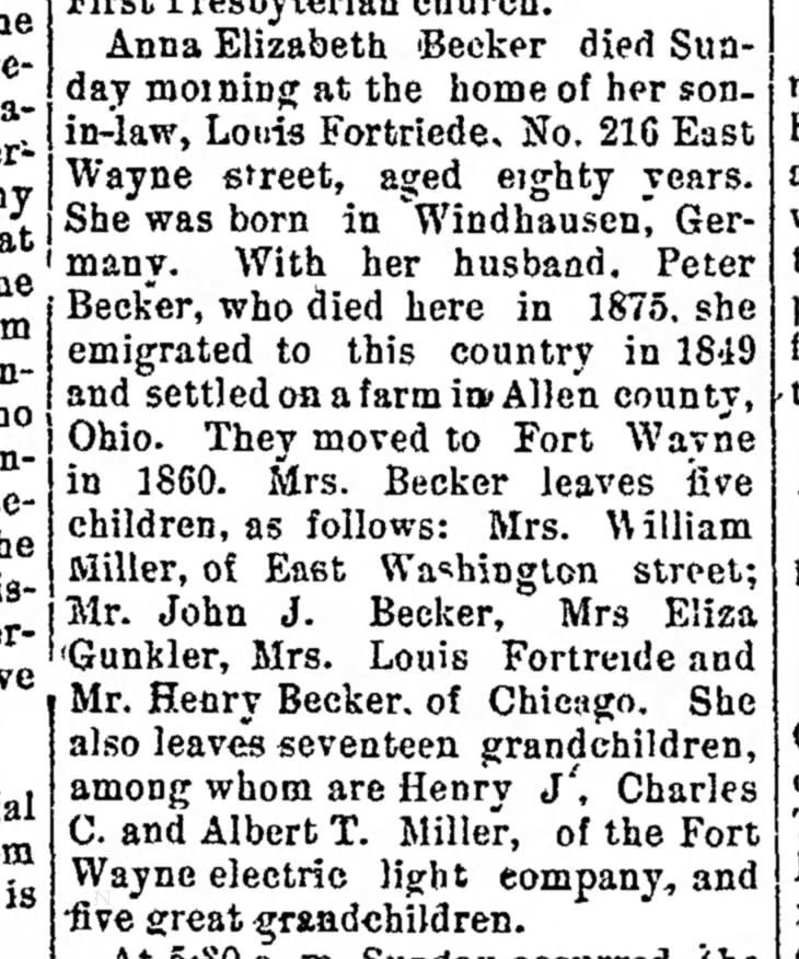 Anna Elizabeth Becker, Fort Wayne Weekly Gazette, Th. Mar. 21, 1895 p.9