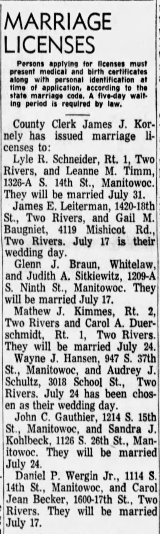 marriages announced for July 17, 1965