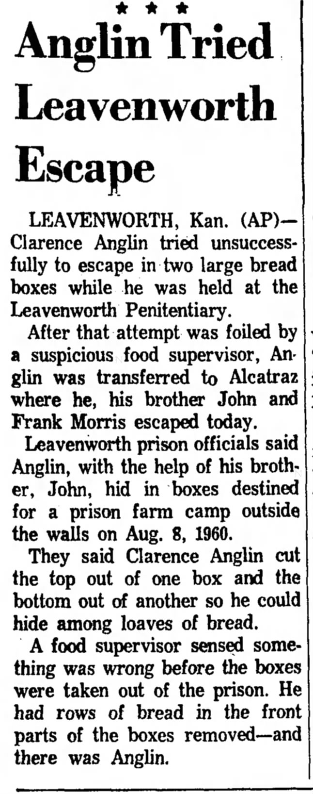 Clarence Anglin escape from Leavenworth.  June 12, 1962 newspaper