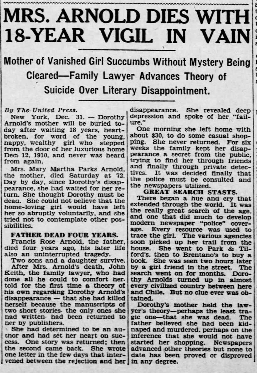 Dorothy Arnold - The Pittsburgh Press (Pittsburgh, PA) - Dec 31, 1928 - Mon - Page 11